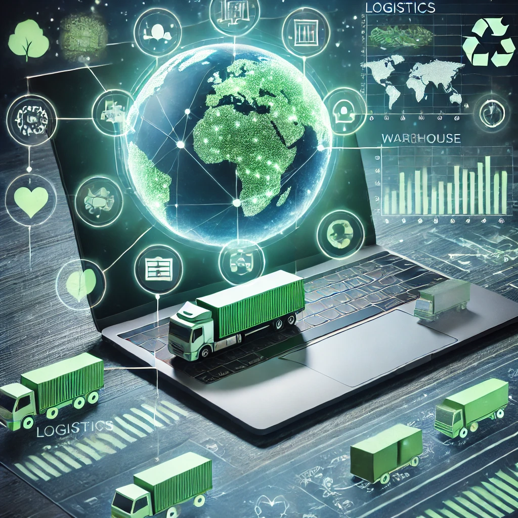 DALL·E 2024 09 25 16.25.44 A digital interface of an eCommerce Carbon Footprint Calculator tool displaying logistics data shipping routes and warehouse locations with charts