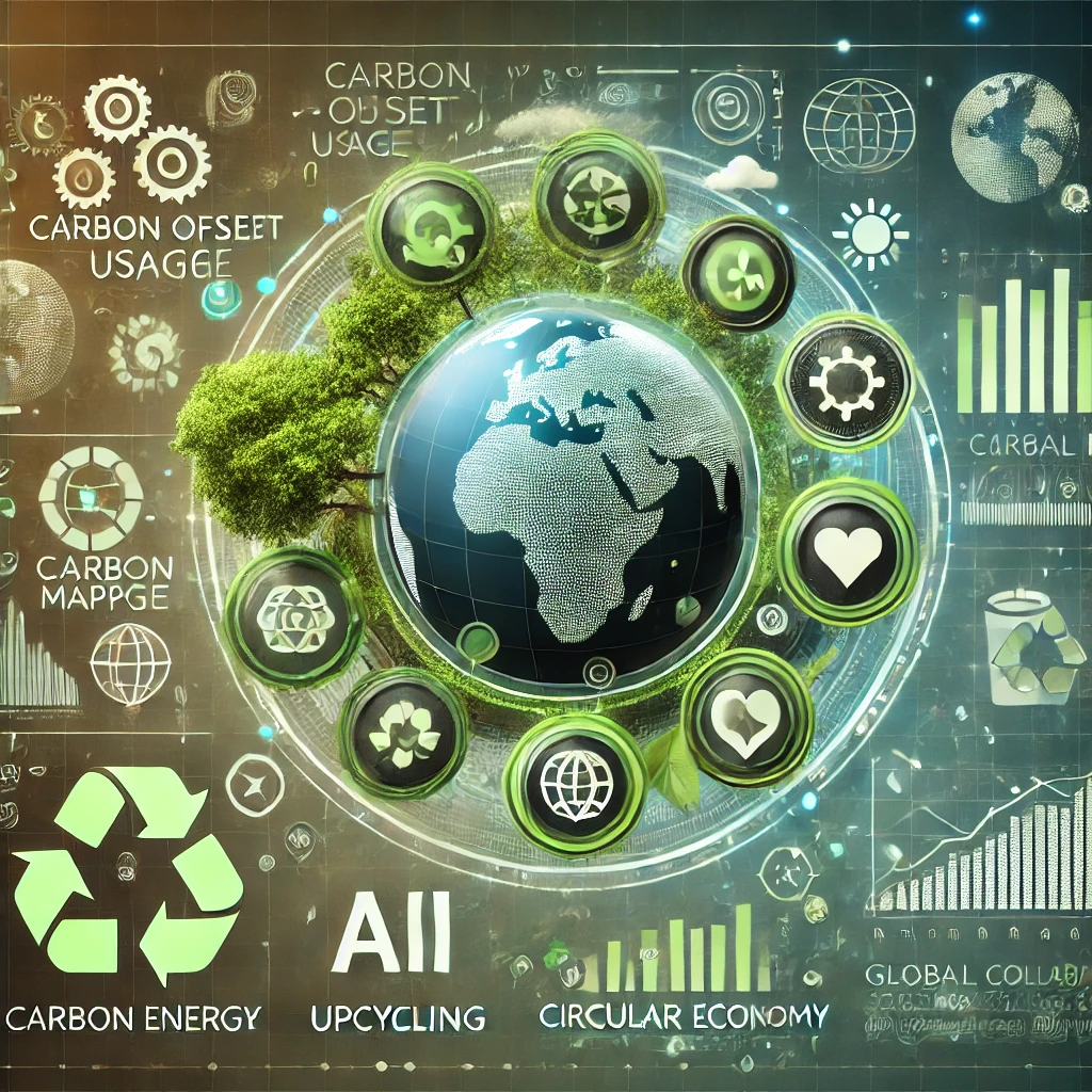 DALL·E 2024 09 27 11.35.44 A futuristic eco friendly image for a website showcasing climate and sustainability initiatives. The image features digital dashboards for carbon off 1