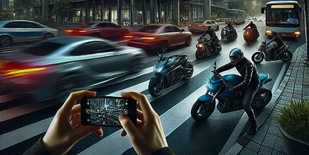 DALL·E 2025 02 14 09.23.50 A futuristic cityscape with sleek high tech buildings showcasing a vibrant urban environment. In contrast multiple vehicles including a motorcycle 1 1 1